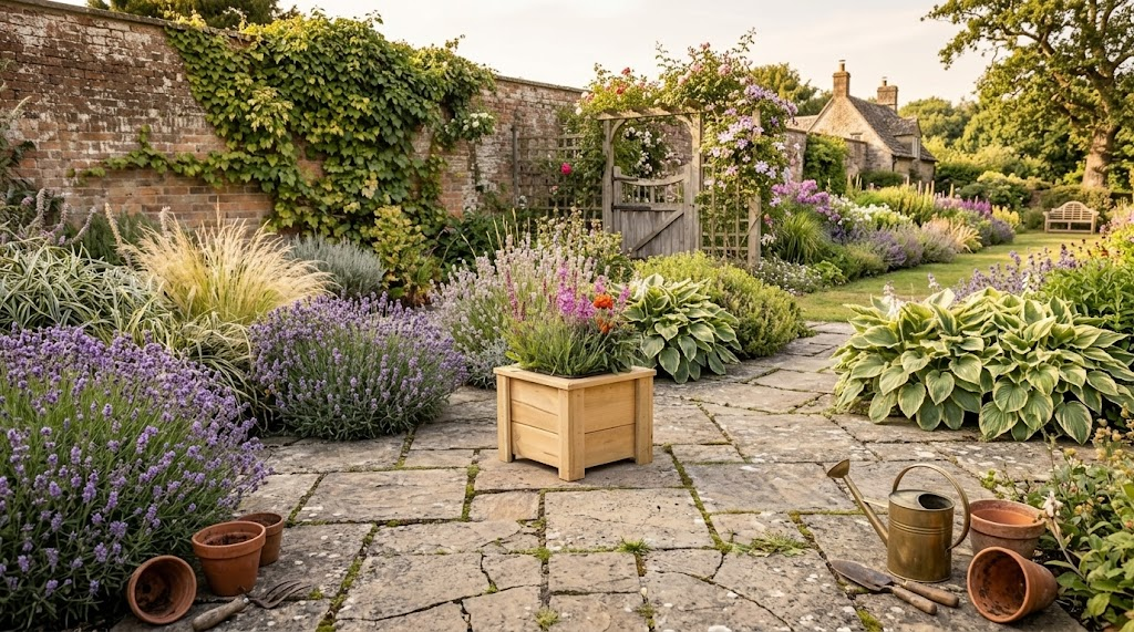 Eikenhouten plantenbak met bloeiende planten